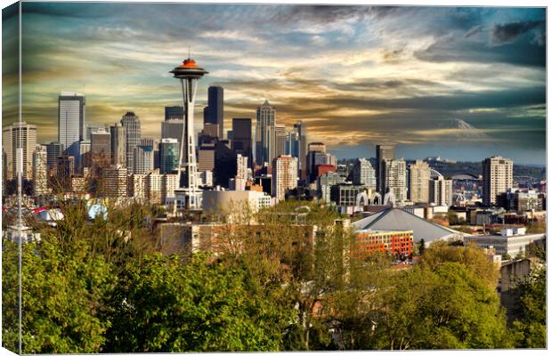 Seattle City Skyline during light sunset  Canvas Print by Thomas Baker