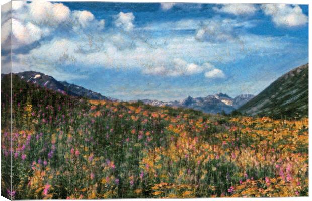 Digital painting of Alaska fireweed flowers in meadow during sum Canvas Print by Thomas Baker