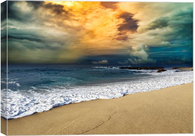 Sunset over Pacific Ocean with clean sandy beach  Canvas Print by Thomas Baker