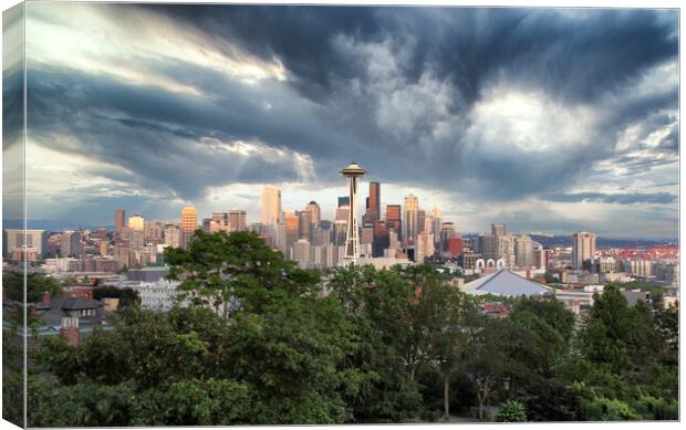 Skyline of Seattle Washington with storm approaching  Canvas Print by Thomas Baker