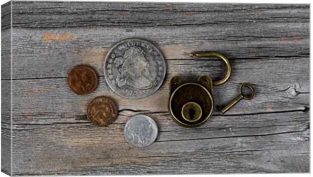 Close up of open antique coins and lock on weather Canvas Print by Thomas Baker