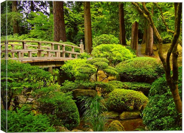 Wooden Foot Bridge at Japanese Garden Canvas Print by sharon hitman