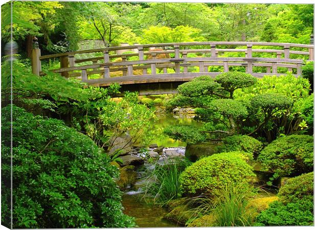 Footbridge over a stream at the Japanese Gardens Canvas Print by sharon hitman