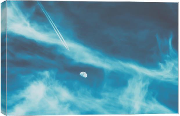 Airplane Flying To The Moon Concept On Blue Sky Canvas Print by Radu Bercan