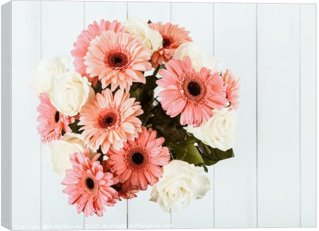 Pink Gerbera Daisy Flowers And White Roses Bouquet Canvas Print by Radu Bercan