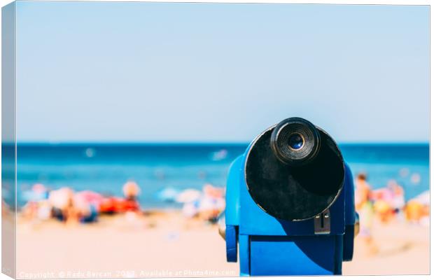Blue Coin Operated Telescope With Beach And Ocean  Canvas Print by Radu Bercan