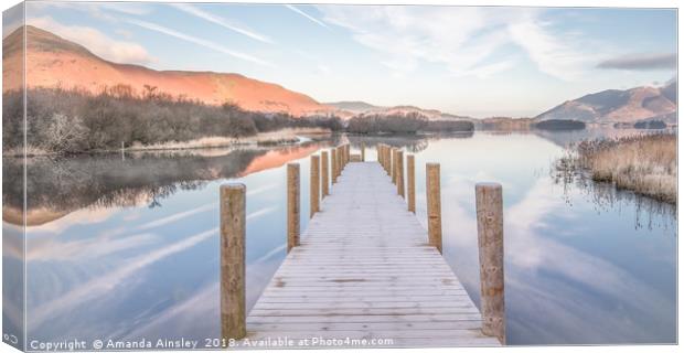 Frost  Morning Reflections at Lodore Falls Jetty Canvas Print by AMANDA AINSLEY