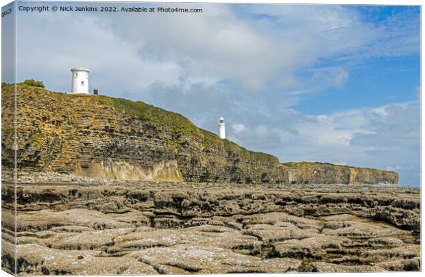 Two Lighthouses Nash Point Cliffs Glamorgan Coast Canvas Print by Nick Jenkins