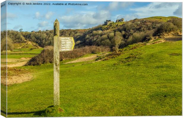 Pennard Castle and Finger Post Three Cliffs Bay Canvas Print by Nick Jenkins