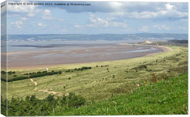 Whiteford Sands and Lighthouse from Cwm Ivy Tor Gower  Canvas Print by Nick Jenkins