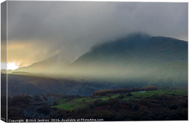 Moel Siabod Sun Ray Snowdonia National Park Wales  Canvas Print by Nick Jenkins