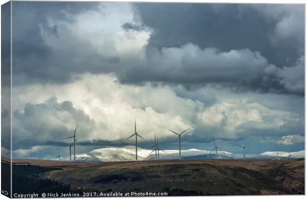 Brecon Beacons and Wind Turbines from Bwlch Wales Canvas Print by Nick Jenkins