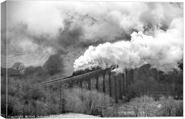 Steam Locomotives pulling train across Cynghordy V Canvas Print by Nick Jenkins