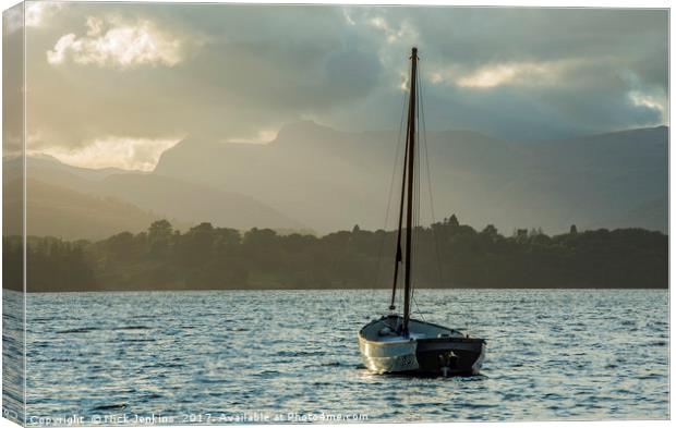 Langdale Pikes and boat across Windermere Lake Dis Canvas Print by Nick Jenkins