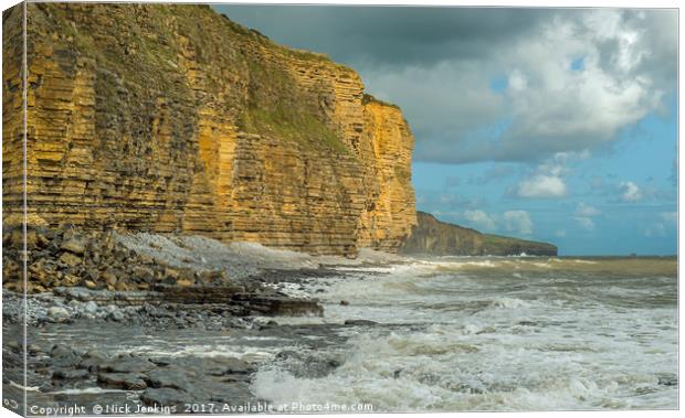 Llantwit Major Beach on a stormy and sunny day Canvas Print by Nick Jenkins