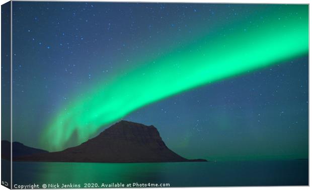 Aurora over Snaefelsness on the Iceland Coast  Canvas Print by Nick Jenkins
