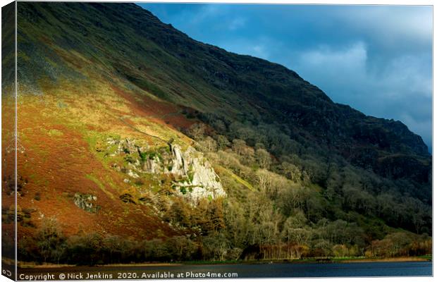 Llyn Gwynant with Shadow and Light Snowdonia Canvas Print by Nick Jenkins