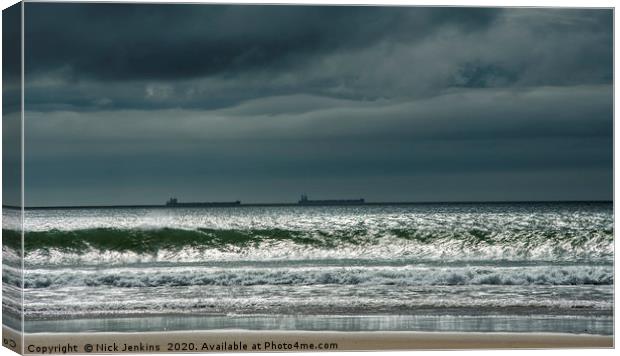 Oil Tankers anchored off Gower from Pobbles Bay Canvas Print by Nick Jenkins
