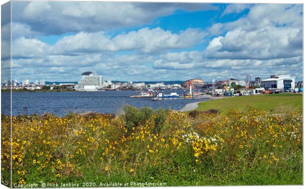 Cardiff Bay Barrage and Wild Flowers Cardiff Canvas Print by Nick Jenkins