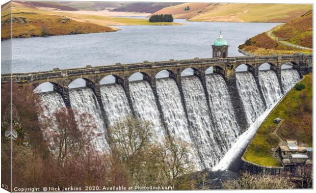 Craig Goch Dam and Reservoir Flowing Elan Valley  Canvas Print by Nick Jenkins