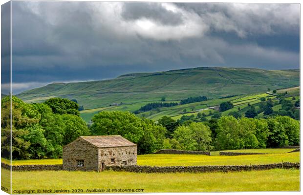 Swaledale from Muker with Yorkshire Dales Barn  Canvas Print by Nick Jenkins