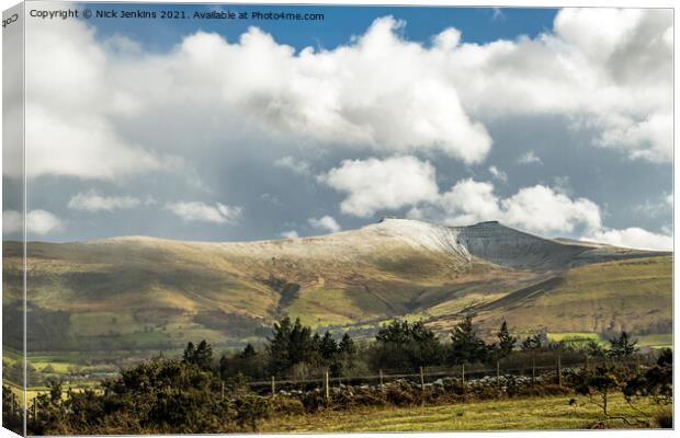 Pen y Fan and Corn Du under March Snow Brecon Beac Canvas Print by Nick Jenkins