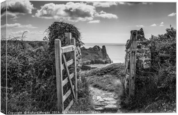The Great Tor through the gate, Gower South Wales. Canvas Print by Richard Morgan