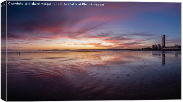 Swansea Bay Sunset with the Meridian Tower. Canvas Print by Richard Morgan