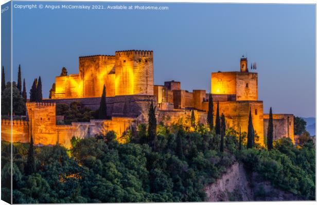 Alcazaba Towers at dusk (Alhambra Palace) Granada Canvas Print by Angus McComiskey