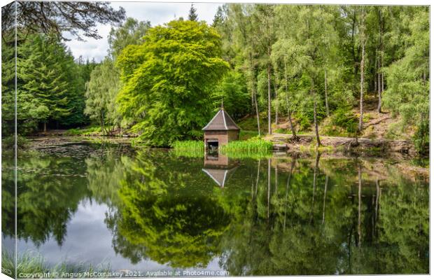 Boathouse on Loch Dunmore in Faskally Forest Canvas Print by Angus McComiskey
