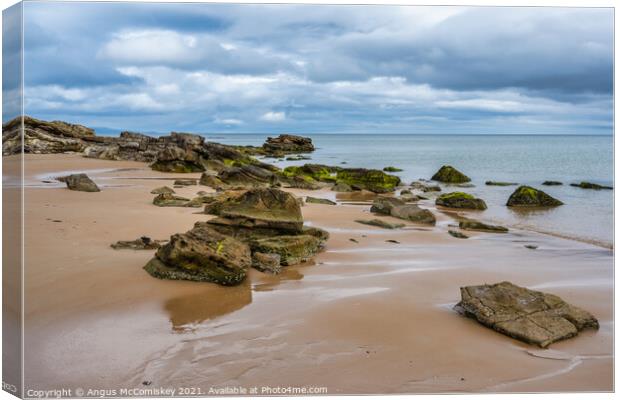 Rocks on Dornoch beach in Sutherland, Scotland Canvas Print by Angus McComiskey