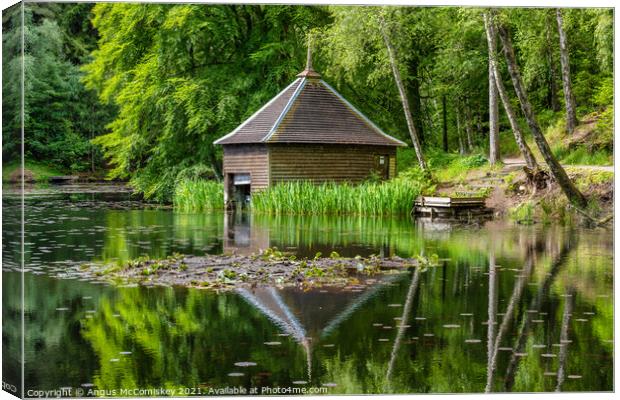 Loch Dunmore boathouse in Faskally Forest Canvas Print by Angus McComiskey