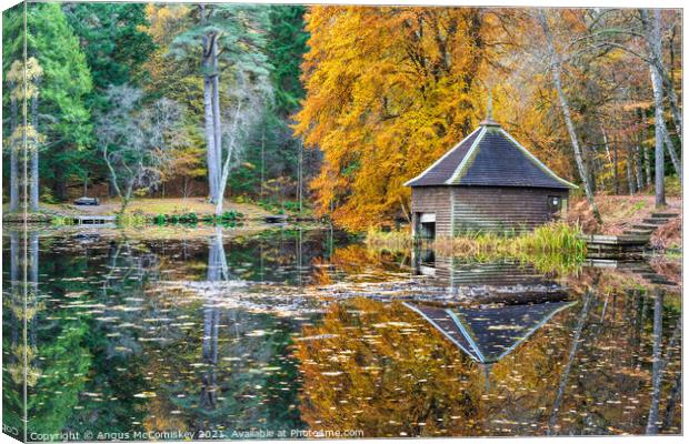 Boathouse on Loch Dunmore, autumn colours Canvas Print by Angus McComiskey