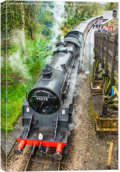 Steam locomotive 75078 departing Haworth Station Canvas Print by Angus McComiskey