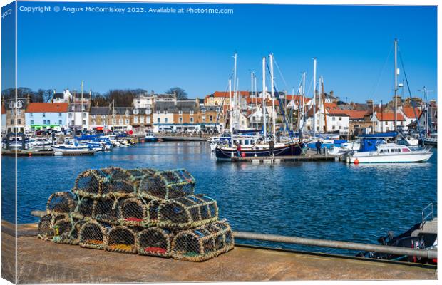 Creels on quayside of Anstruther harbour Canvas Print by Angus McComiskey