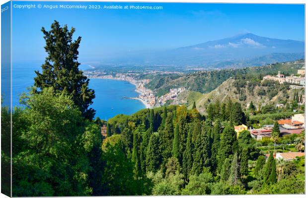 View of Mount Etna and east coastline of Sicily Canvas Print by Angus McComiskey