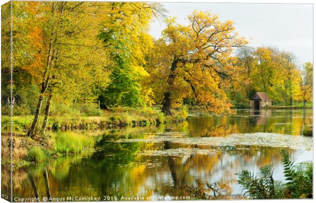 Boathouse on Penicuik Pond  Canvas Print by Angus McComiskey
