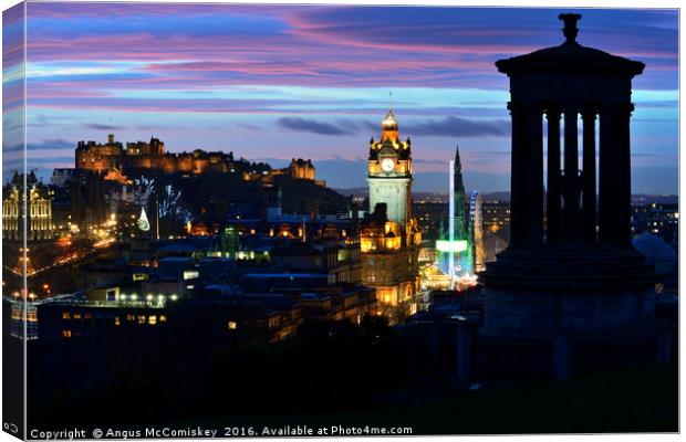 Edinburgh city skyline at dusk from Calton Hill Canvas Print by Angus McComiskey
