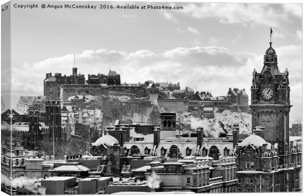 Edinburgh Castle and city skyline in snow mono Canvas Print by Angus McComiskey