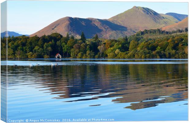 Derwentwater reflections with swans Canvas Print by Angus McComiskey