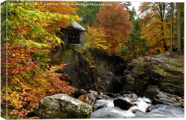 Ossian’s Hall and Black Linn Waterfall in autumn Canvas Print by Angus McComiskey
