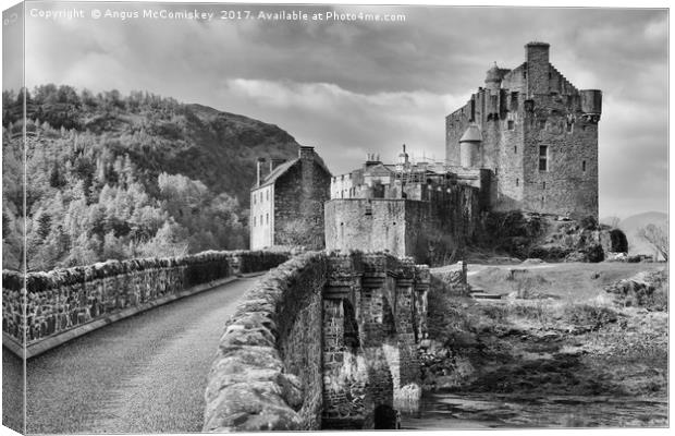 Bridge to Eilean Donan Castle (mono) Canvas Print by Angus McComiskey