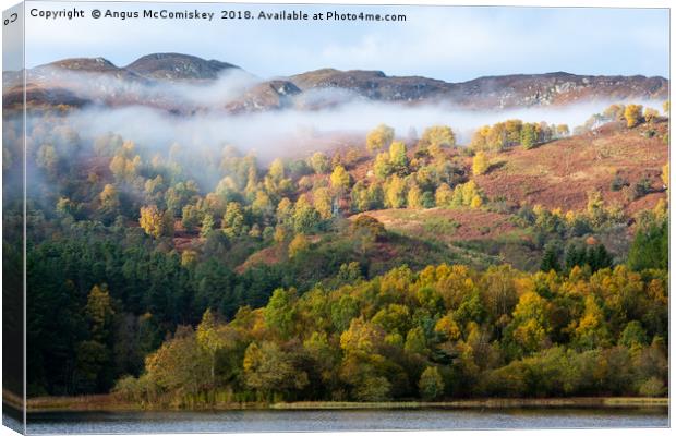Mist shrouded autumn colours on Loch Faskally Canvas Print by Angus McComiskey