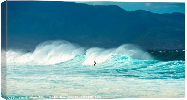 Surfers at the famous Hookipa Beach in the North s Canvas Print by Jamie Pham