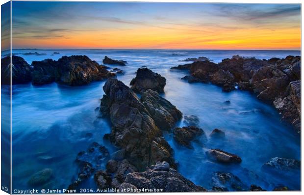 Rocky Asilomar Beach in Monterey Bay at sunset. Canvas Print by Jamie Pham