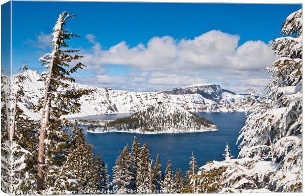 Beautiful view of Crater Lake covered in snow in t Canvas Print by Jamie Pham