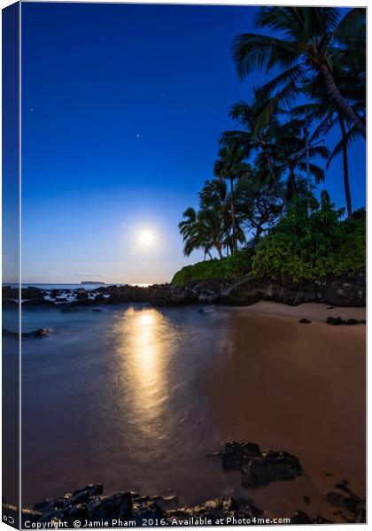 The Moon glowing over Secret Beach in Maui. Canvas Print by Jamie Pham