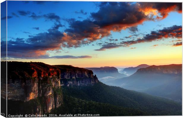 Dawn on the Blue Mountains in Australia Canvas Print by Colin Woods