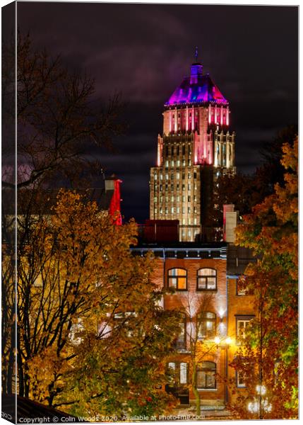 The Price Building, Quebec City, at night in autumn. Canvas Print by Colin Woods