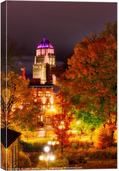 Building The Price Building, Quebec City, at night in autumn. Canvas Print by Colin Woods